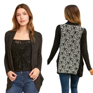 WET SEAL Vtg Open-Front Cardigan Sheer B/W Floral Lace Back‎ Sz S Y2K Whimsy